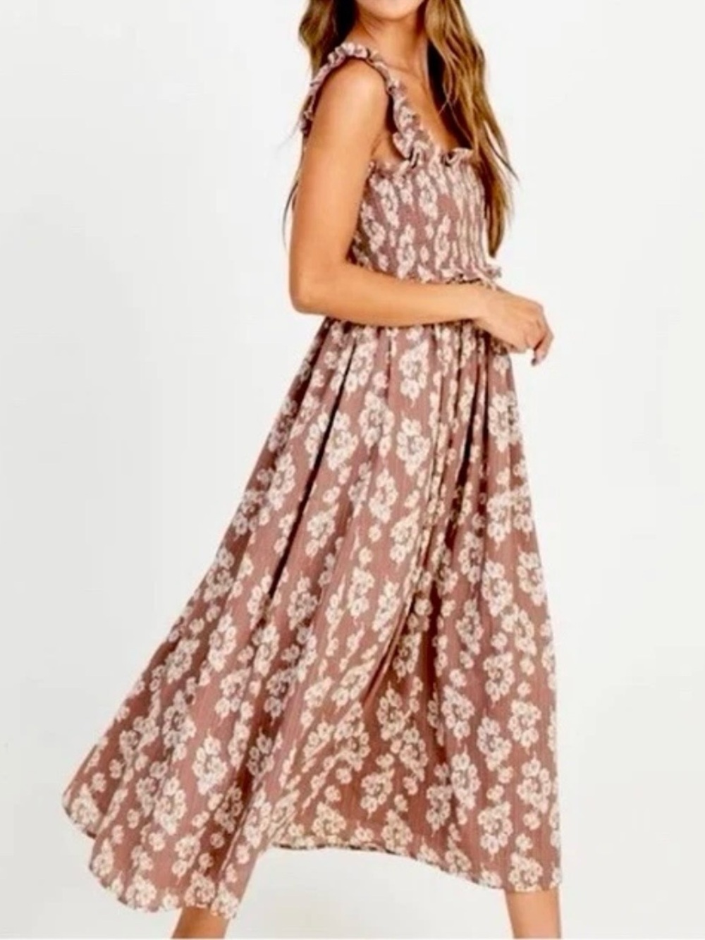 Altar’d State Ania Mocha Floral Smocked Maxi Dress Ruffle Strap Size M